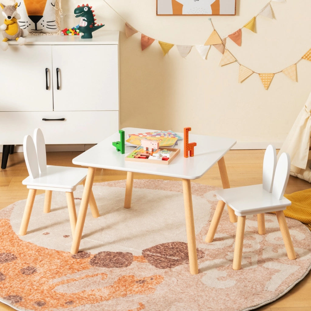 Set tavolo sedie per bambini 3 pezzi per arte, Tavolo e 2 sedie a coniglio gambe in legno massiccio Bianco