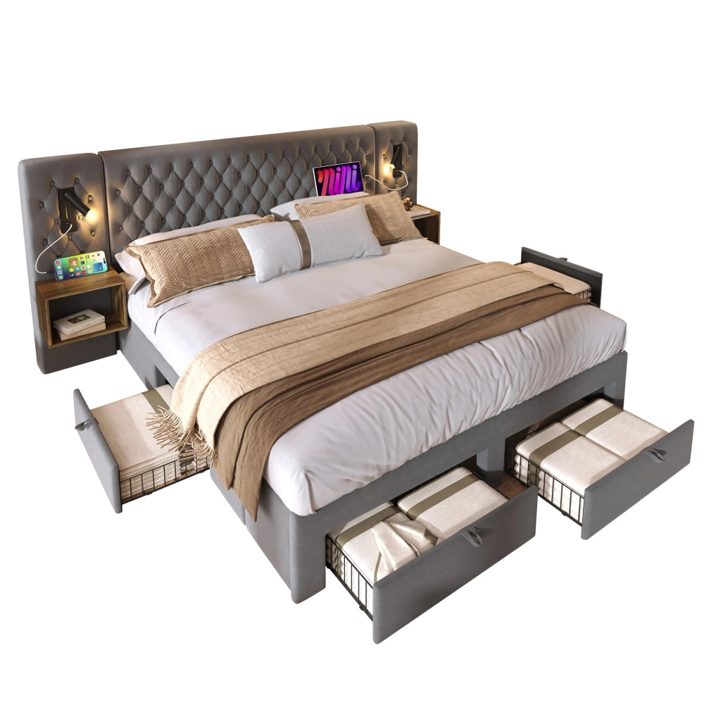 Set camera completo – 180x200 cm – 2 comodini 4 cassetti luce USB – velluto grigio