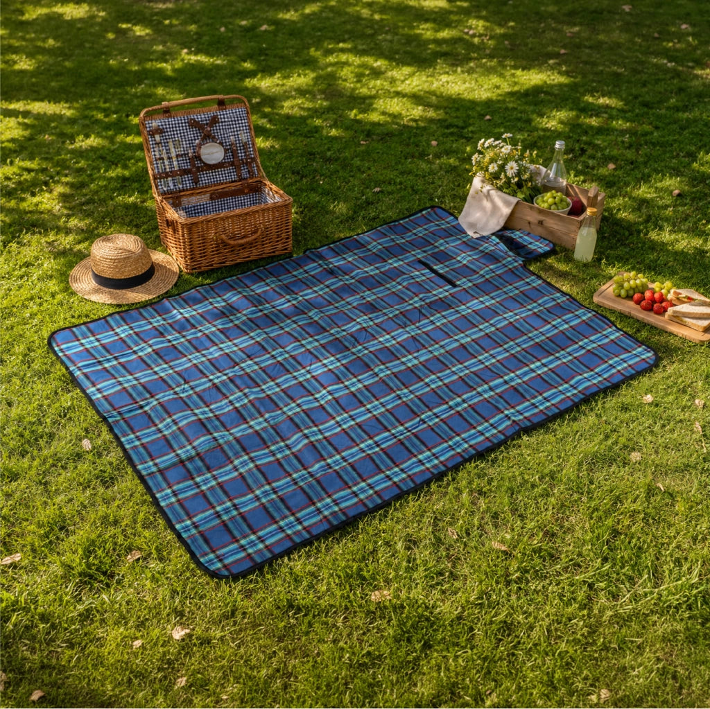 Telo Picnic XXL Pieghevole 200x150 cm con Fondo Isolante e Maniglia da Trasporto Blu