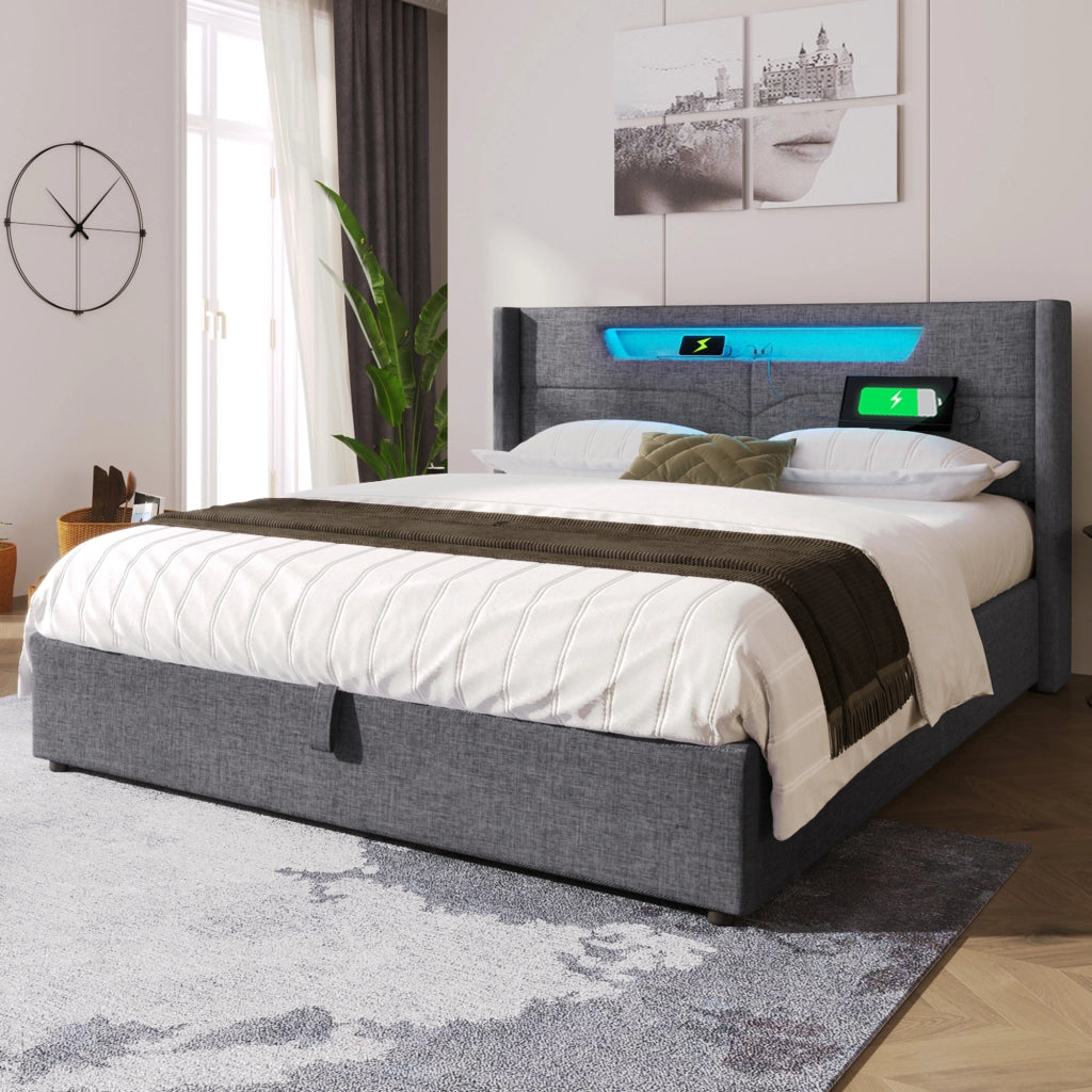 LETTO MATRIMONIALE 140x200 cm Grigio in Lino con LED e presa USB Type C