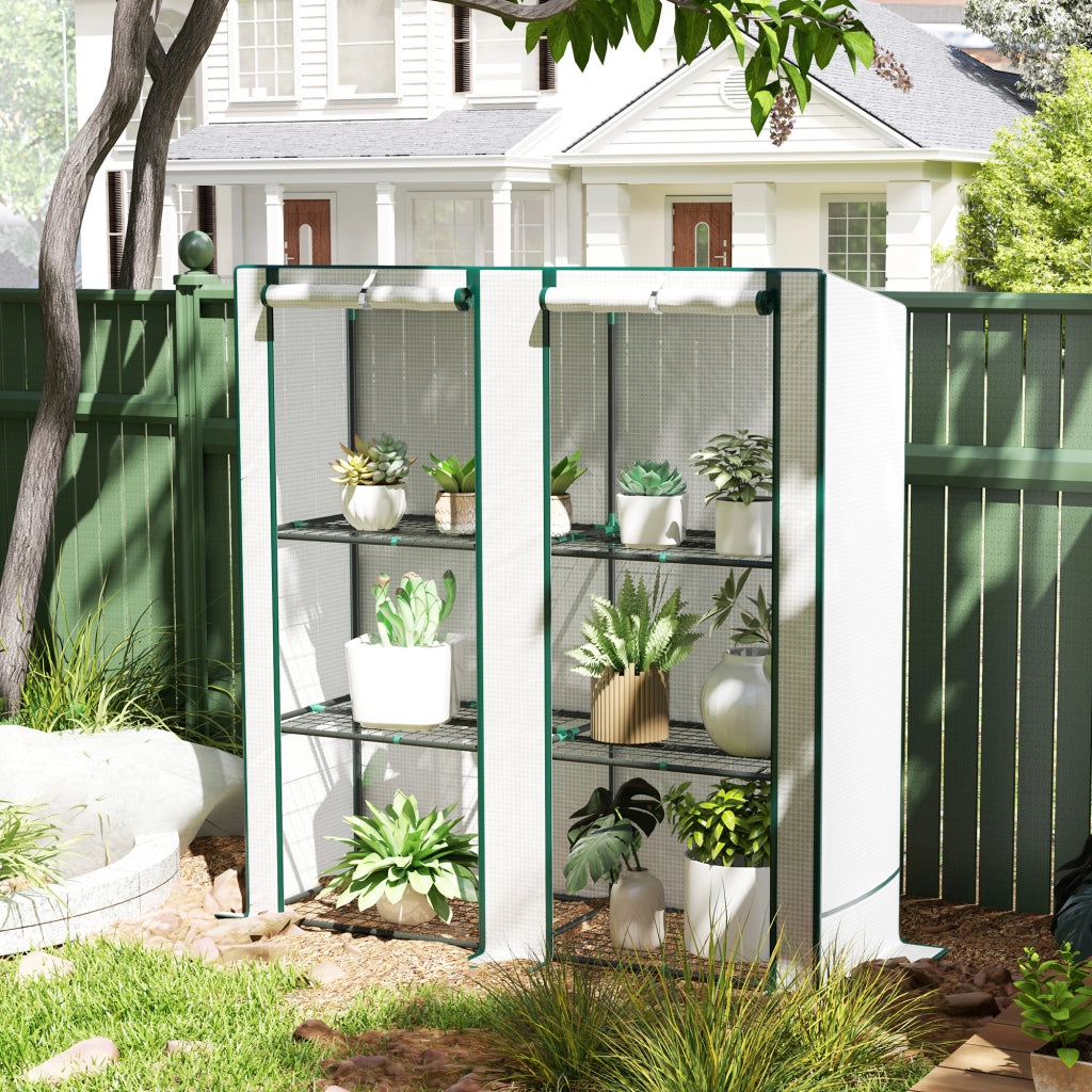 Serra da Giardino con 2 Porte, Scaffale 3 Ripiani e Tasche Laterali ¨C Xylo ¨C Bianco e Verde