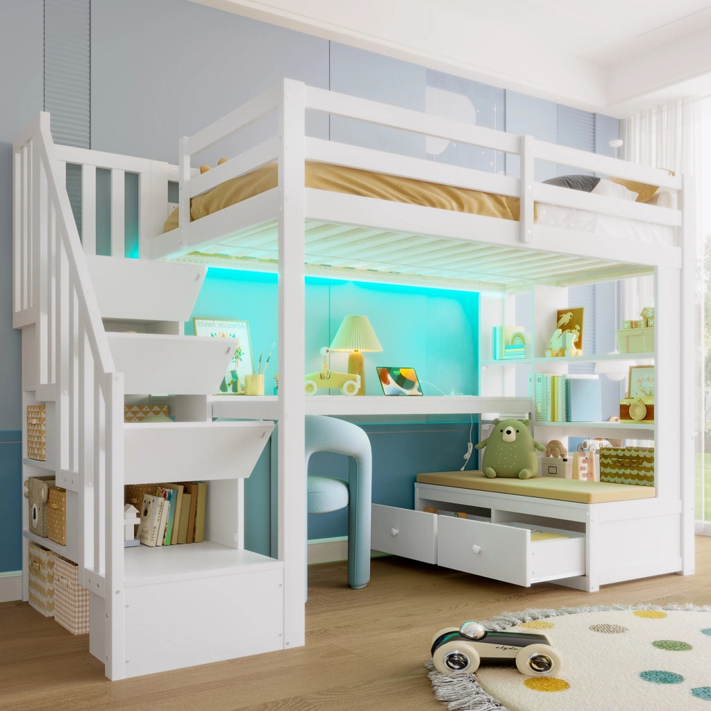 Letto a castello con scrivania e scaffali - Xylo - 90x200 - Bianco - Con cassetti e ripostiglio