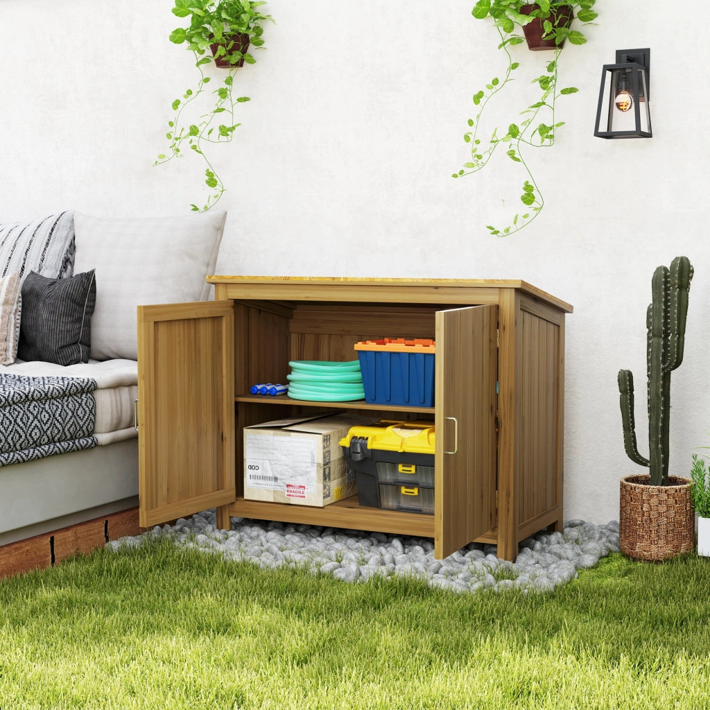 Armadio da giardino in legno ¨C Xylo ¨C 2 ante, 2 ripiani, tetto inclinato, 110x50x85 cm, marrone