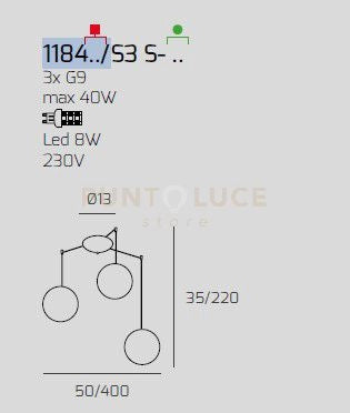 SOSPENSIONE BIANCO 3 LUCI SPOSTABILE VETRI 2X BR + 1X AM 1184BI-S3 S-AB