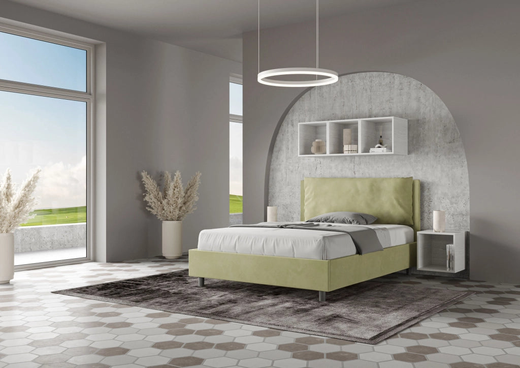 BS COM Letto matrimoniale francese senza rete imbottito 140x190 microfibra tè verde Large