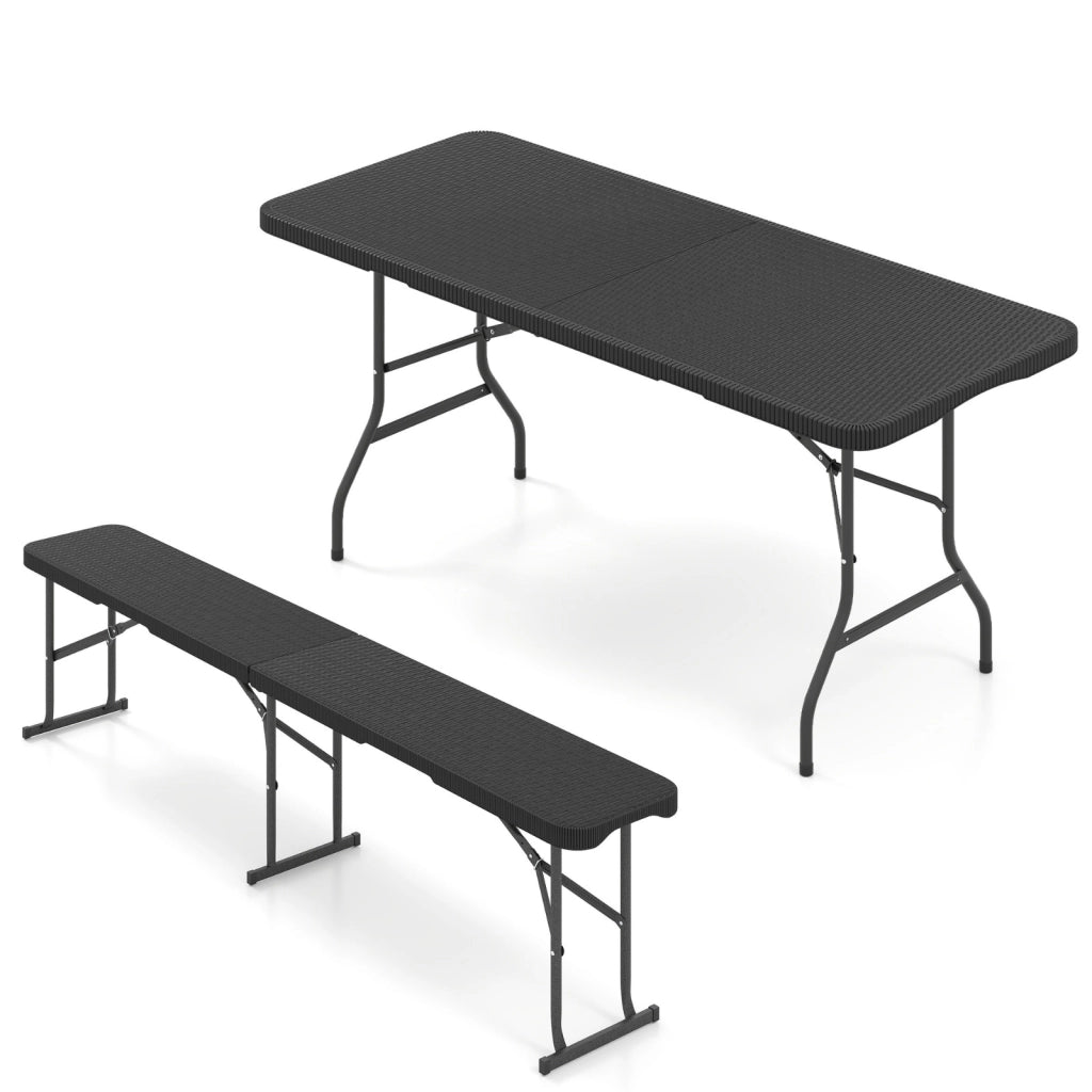 Tavolo pieghevole portatile da 180 cm e panca pieghevole in plastica, Tavolo da campeggio e sedile portatile pieghevole a met¨¤ Nero