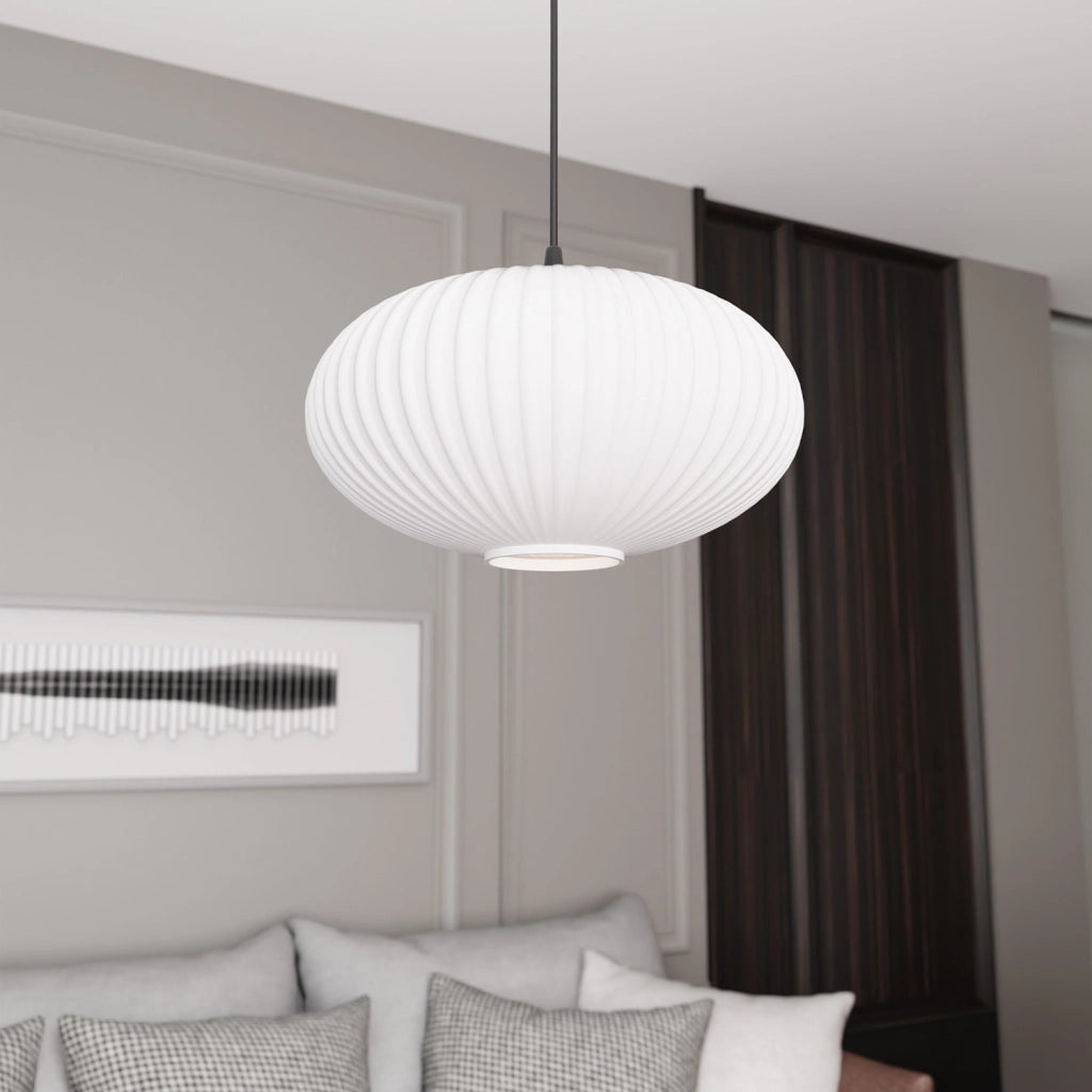 Sospensione 1 Luce Iris In Acciaio Nero Paralume Plissettato Bianco