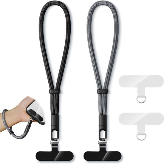 Doppio pacchetto di lanyards per telefono cellulare, 2 x polsbandi per mano, 4 x ganci fissi, lanyard multifunzionale universale per telefono cellulare in patch poliestere, polsbande per telefono cellulare unisex (nero + grigio)
