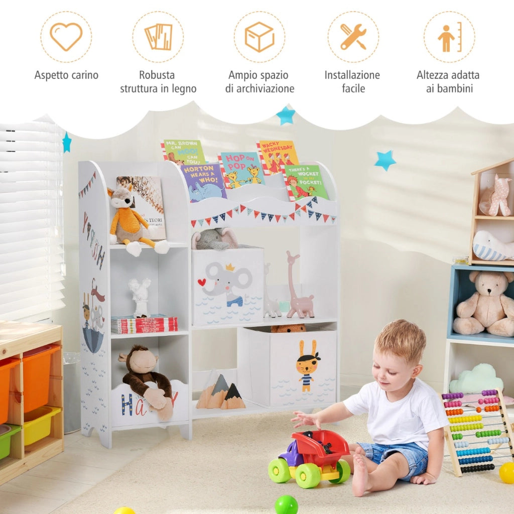 Armadio a 3 livelli con 5 scompartimenti e 2 cassetti, Organizer per bambini per giocattoli e libri Bianco