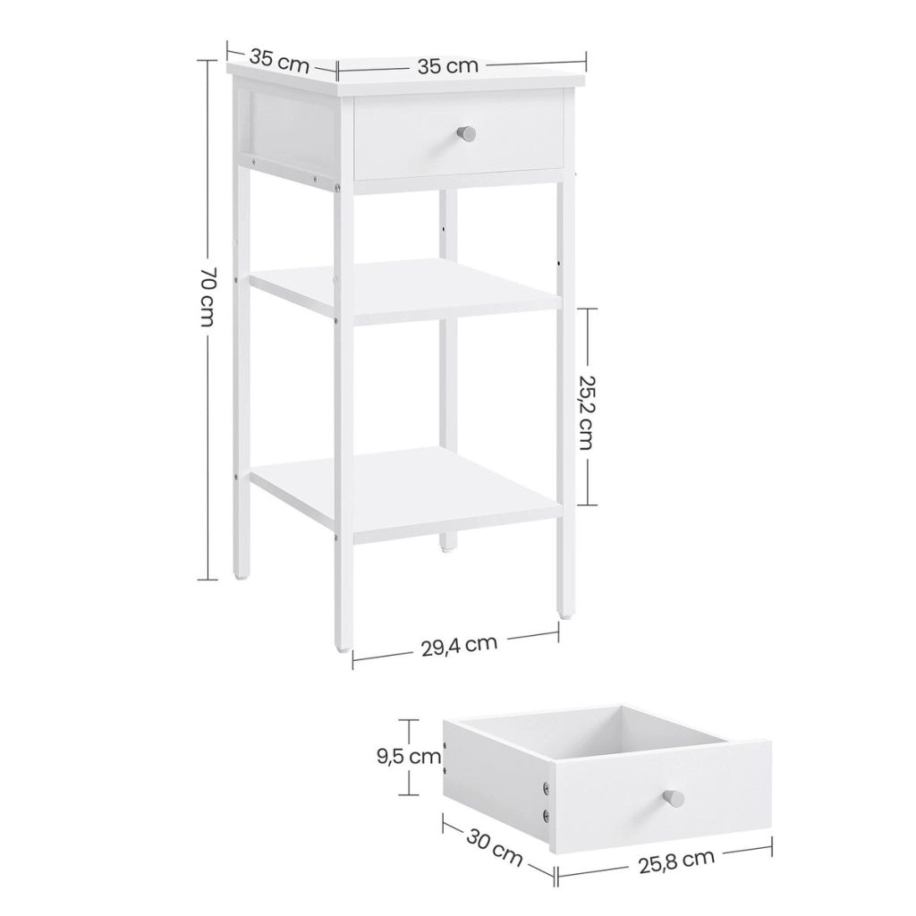 Comodino moderno alto con cassetto e ripiani in bianco
