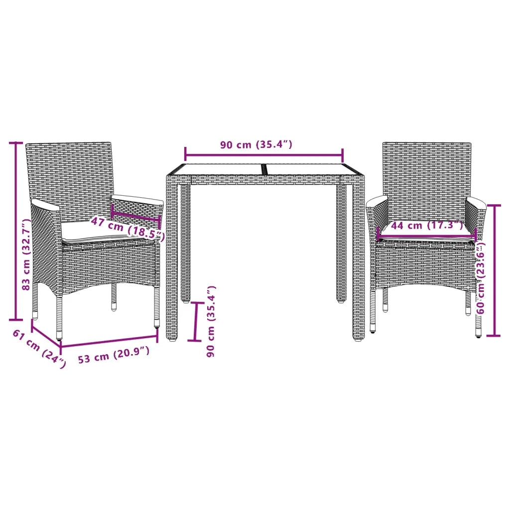 Set da Pranzo da Giardino 3 pz con Cuscini Polyrattan e Vetro