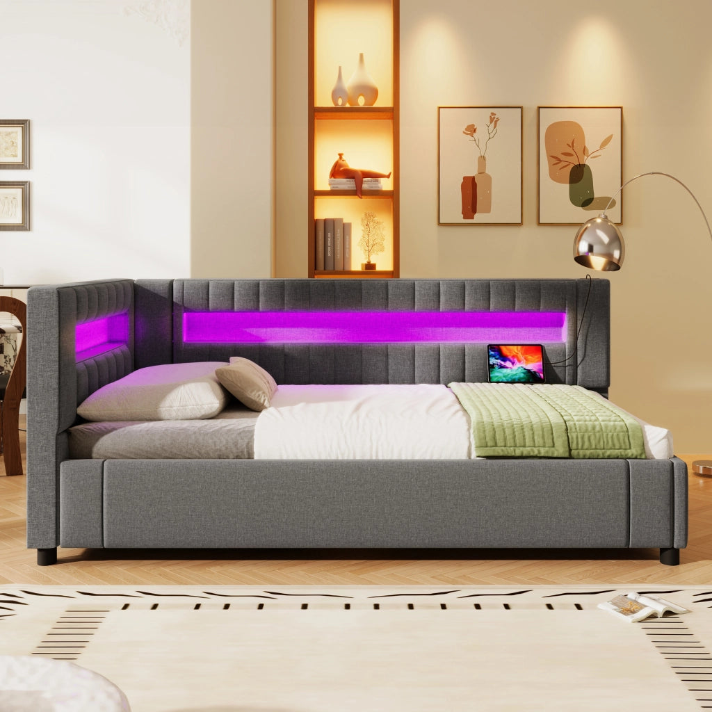 Daybed in lino grigio 90x200 LED a piè letto sollevamento idraulico USB/Type-C