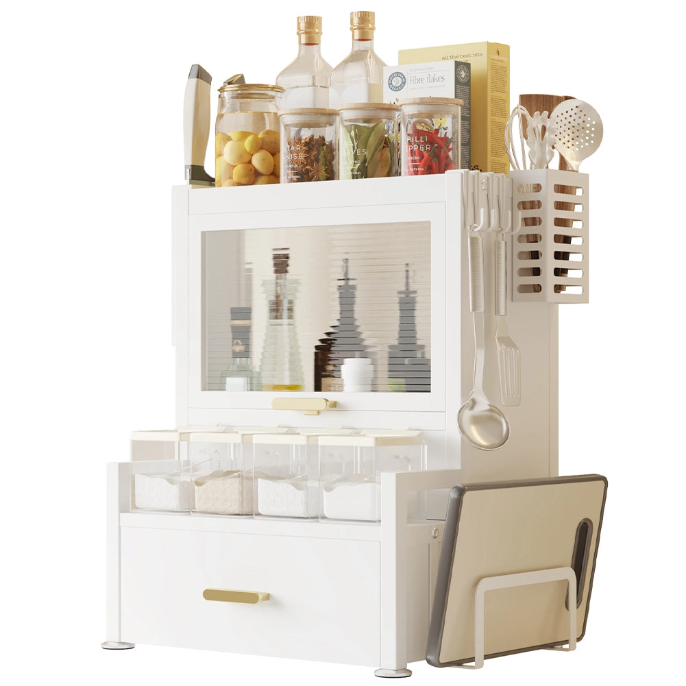 Scaffale Credenza Organizer Portaspezie con Vetrinetta e Cassetto Metallo Bianco