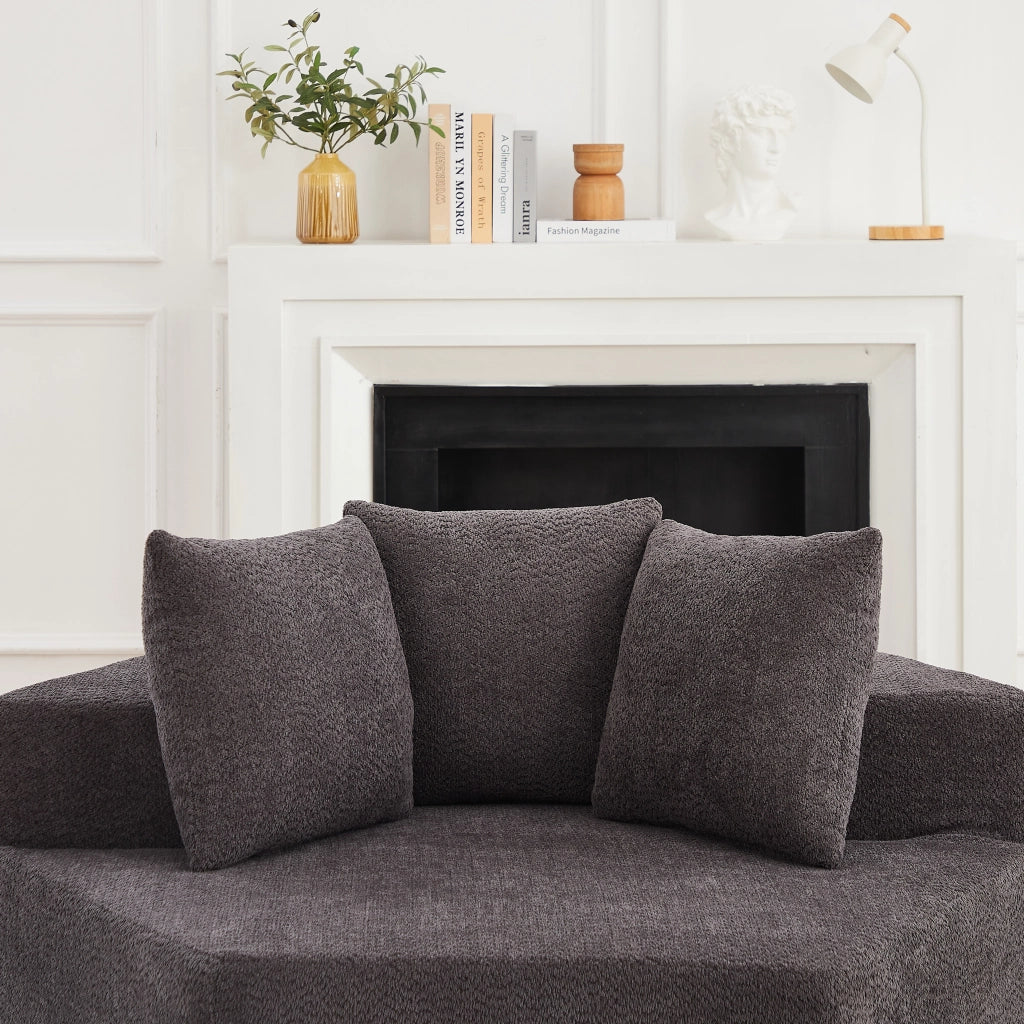 Poltrona modulare esagonale con seduta morbida e 3 cuscini, per relax, in chenille e schiuma con molle, grigio