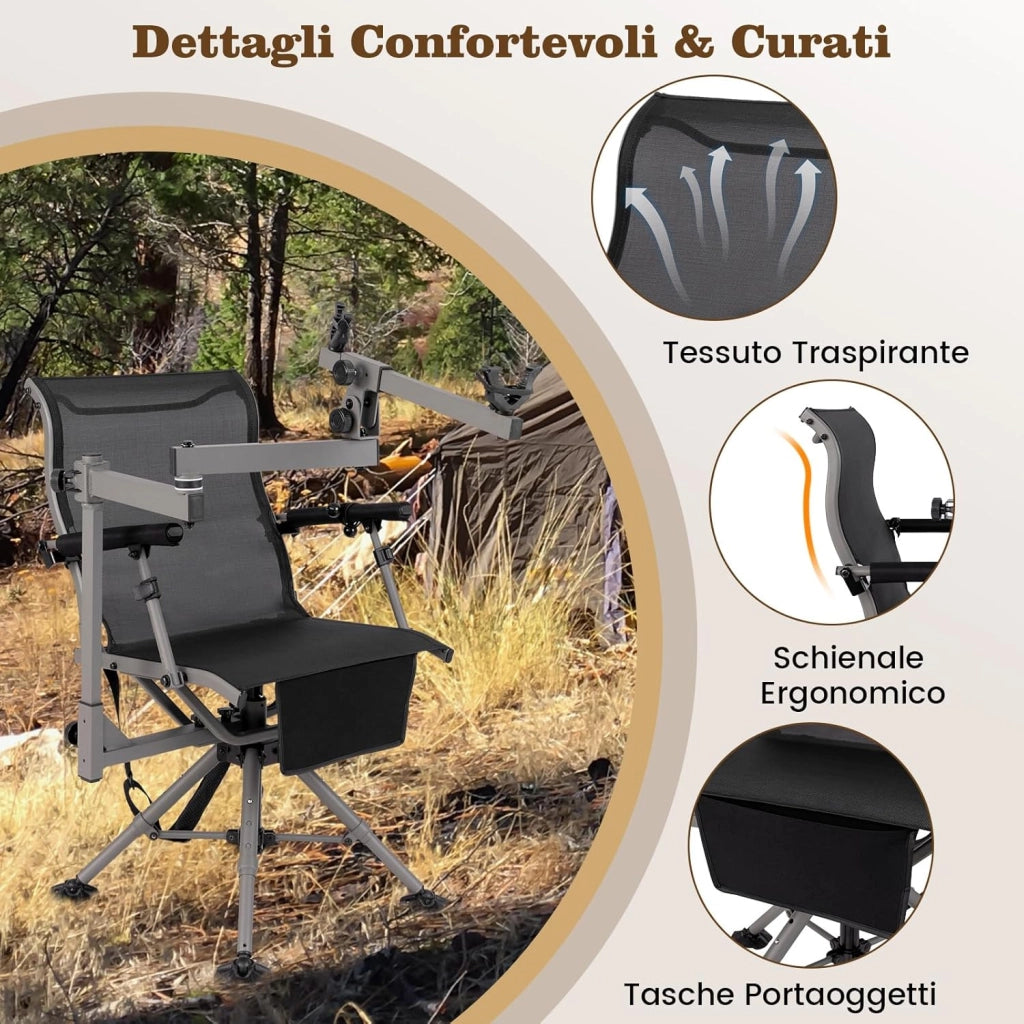 Sedia da Caccia Portatile, Sedia da Tiro con Rotazione a 360°, Poltrona a Caccia Pieghevole con 4 Gambe e Braccioli Regolabili, Supporto per Fucile, Portata 150 kg