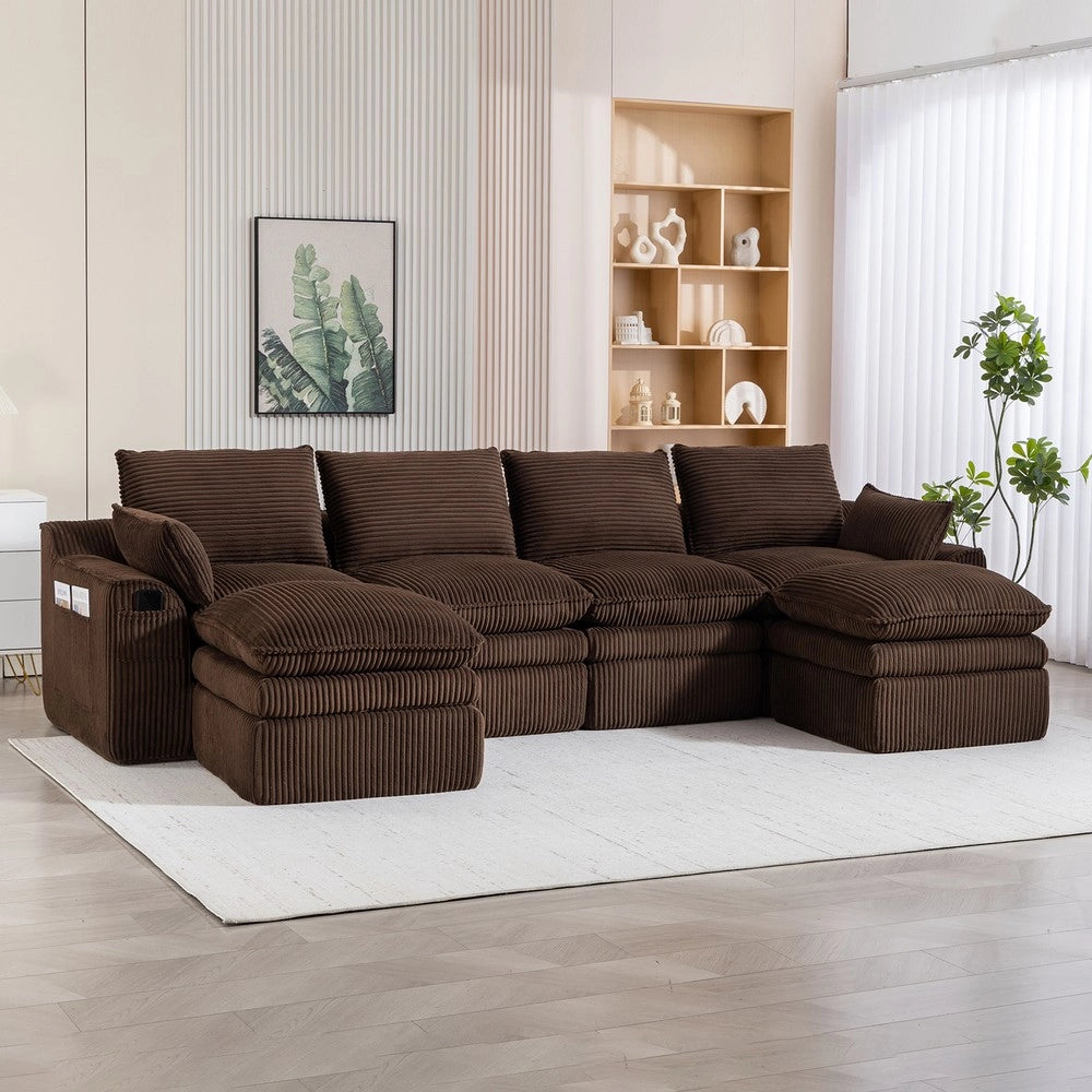 Divano modulare a 4 posti con pouf - Zephmum - Marrone, cuscini inclusi, 3 strati schiuma