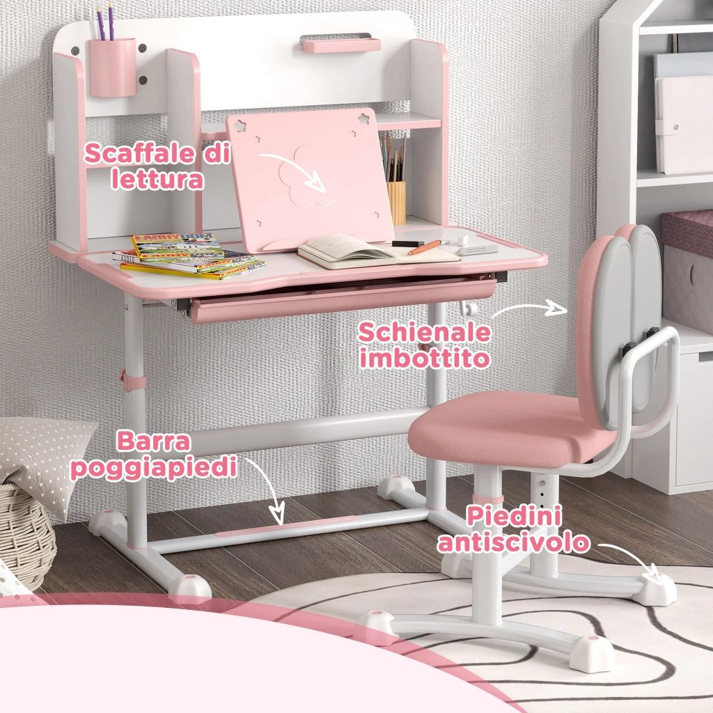 Scrivania Regolabile per Bambini con Sedia, Cassetto e Scaffale ¨C Minimal ¨C Rosa