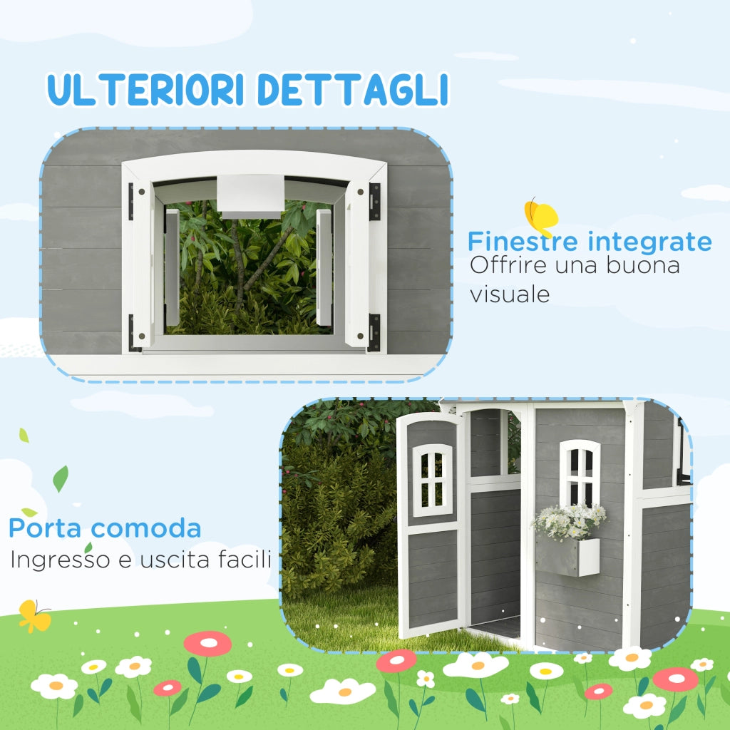 Casetta per Bambini in Legno di Abete con 6 Finestre e Fioriera ¨C Minimal ¨C Grigio 104.5x110x137 cm
