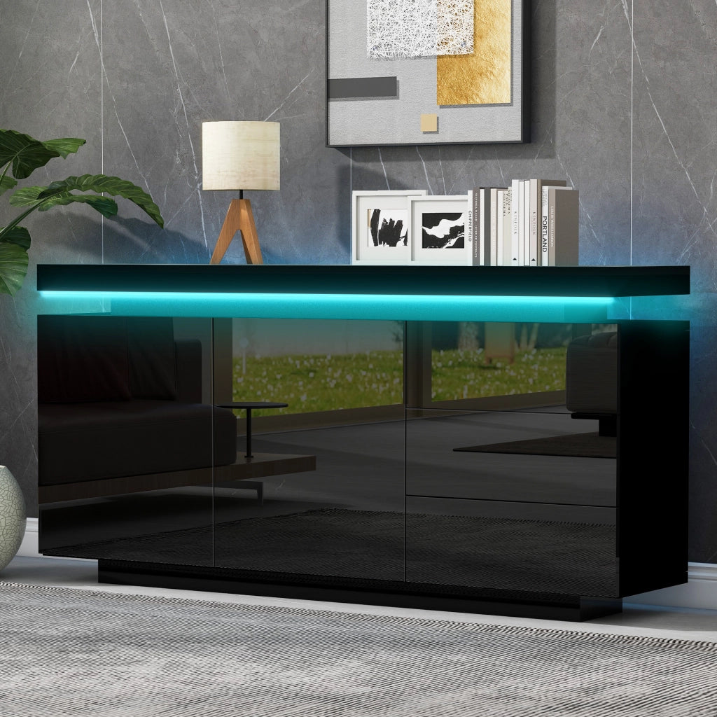 Credenza Moderna con LED ¨C Xylo ¨C Nero Lucido, 2 Ante, 3 Cassetti, 140x35x72.5