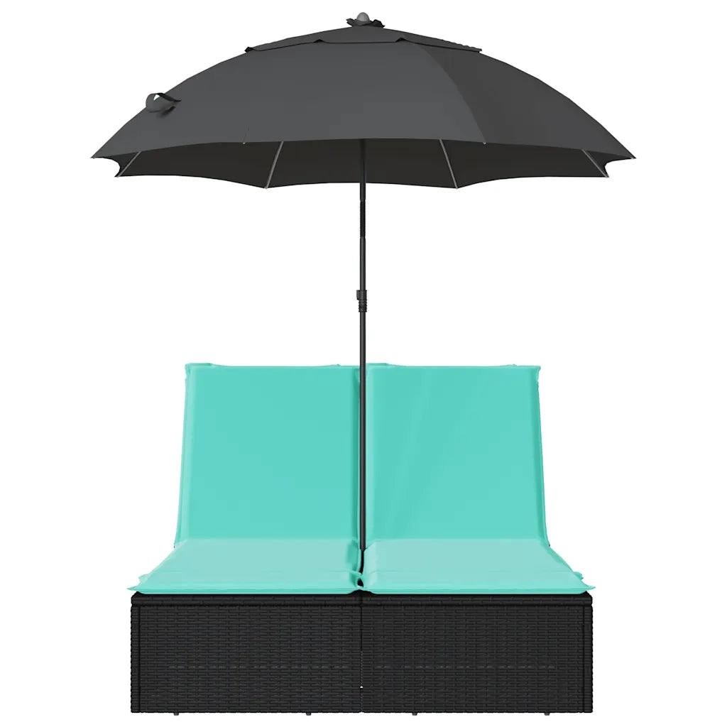 Lettino Prendisole Doppio Cuscini e Parasole Nero in Polyrattan 368089