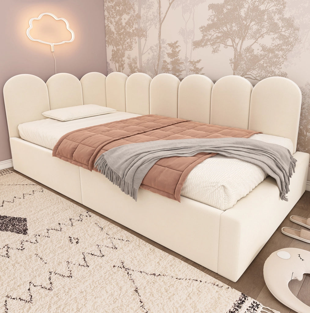 Divano letto 90x200 cm; contenitore idraulico; velluto beige (Senza materasso)