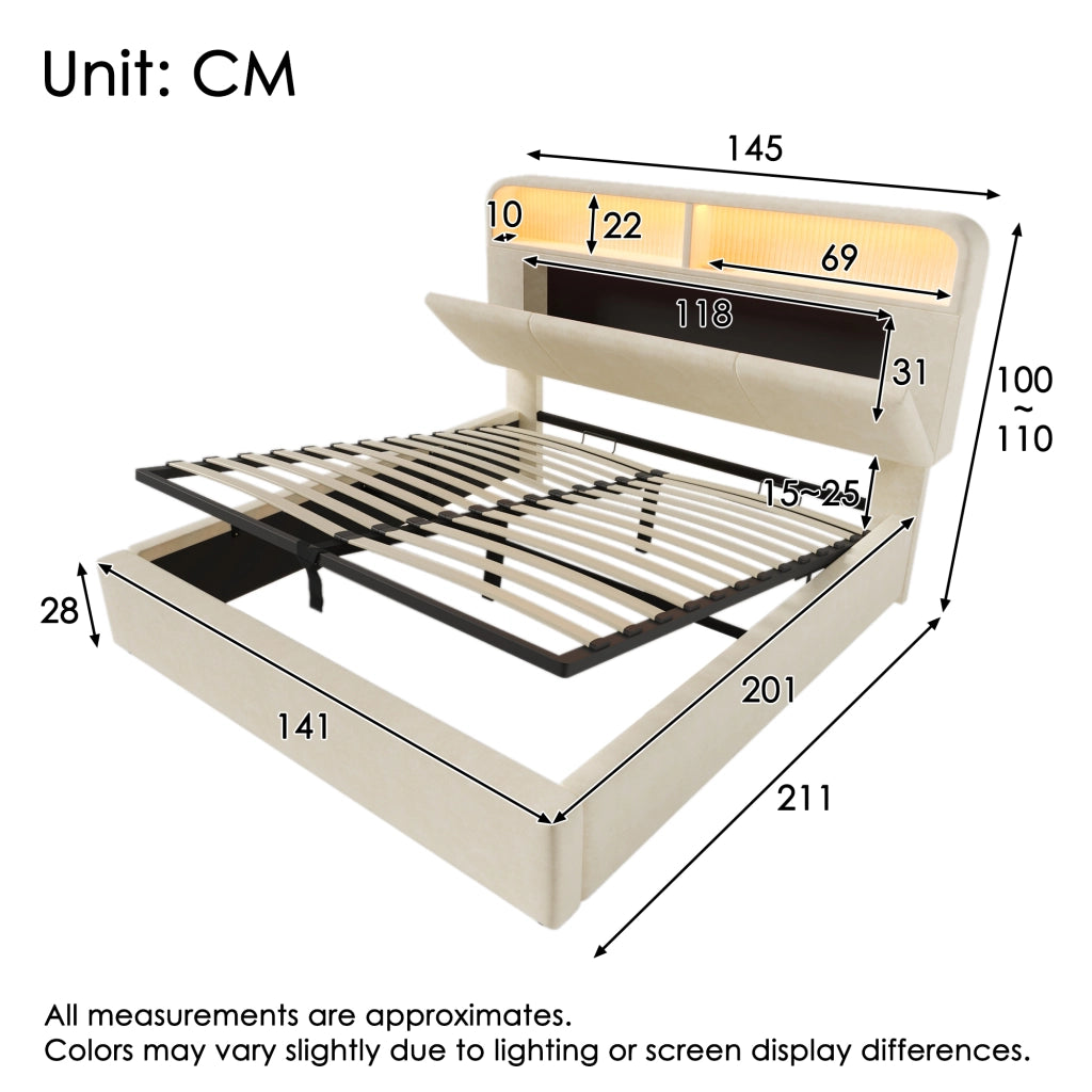 Letto imbottito idraulico 140x200cm con illuminazione LED; USB C e velluto in beige
