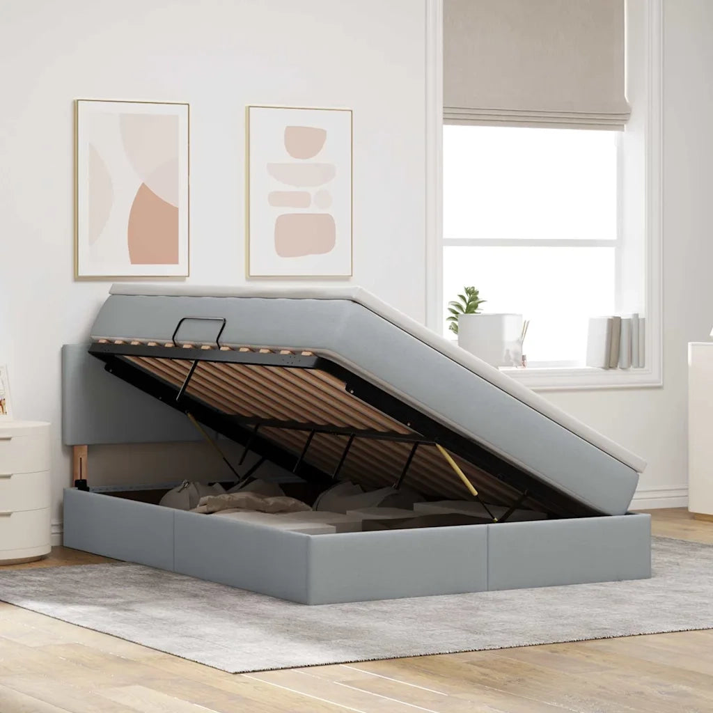 Letto con contenitore e LED Grigio chiaro 140 x 190 cm Tessuto