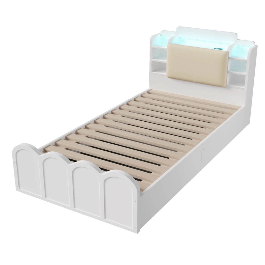 Letto a pannello - Zephmum - 90x200 cm - Bianco - Idraulico, USB-C, LED, comando a pressione/app