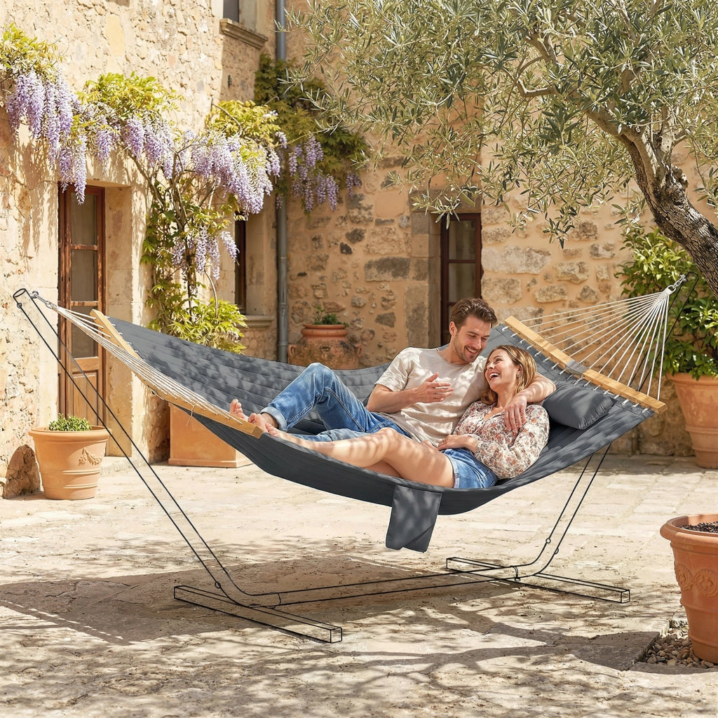 Amaca da giardino con cuscino testa e tasche ¨C Minimal ¨C 200x140 cm, legno, fino a 200 kg