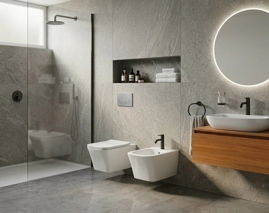 Sanitari sospesi WC e Bidet in Ceramica Copriwater soft-close MEZZOGIORNO Bianco Lucido