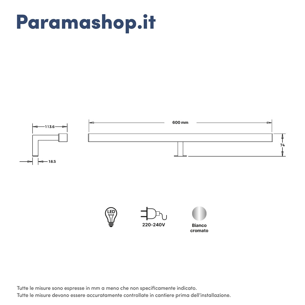 Applique led universale 60 cm per specchi con cornice