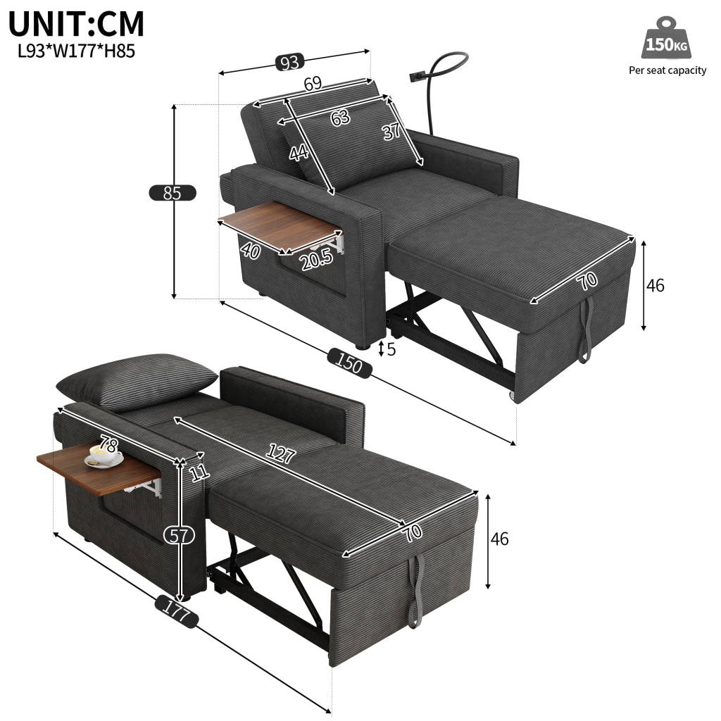 Poltrona Letto Pieghevole 1 Posto ¨C MINIMAL ¨C Tessuto Cord Grigio con Porta USB