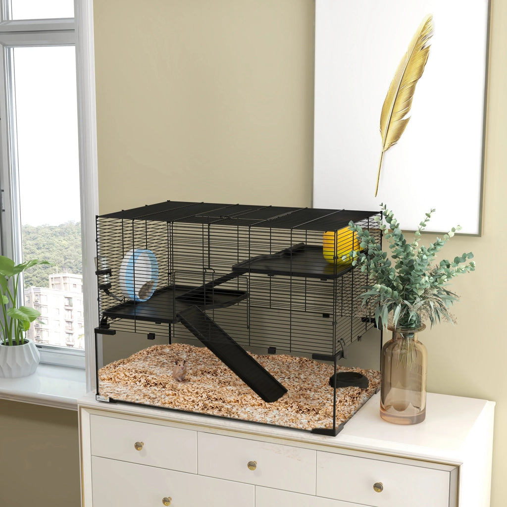 Gabbia per Criceti a 3 Livelli con Ruota e Accessori ¨C Minimal ¨C Nero 76.5x48.5x54.5 cm