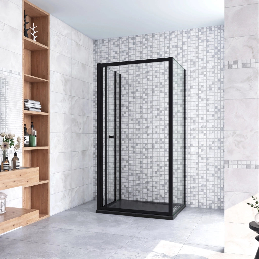185cm Box Doccia a Tre Lati Porta a Soffietto 80cm con Doppia Parete Fissa 80x80cm in Vetro Temperato Trasparente 5 mm Profilo Nero Opaco