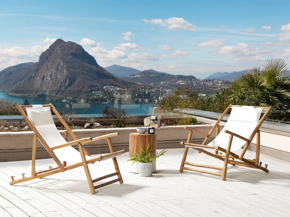 Set di 2 Sdraio Pieghevoli in Legno di Bambù con Telo Bianco Sporco