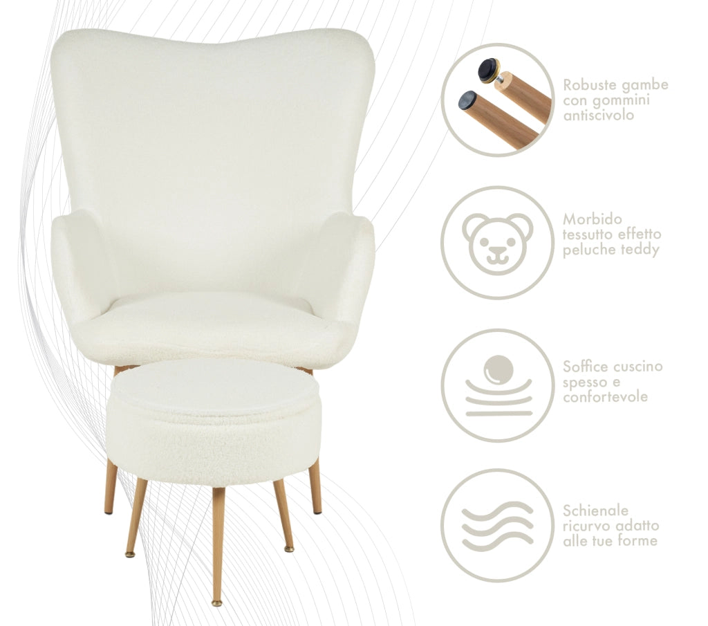 Poltrona Imbottita Ergonomica Con Schienale E Braccioli Con Poggiapiedi Contenitore Camera Da Letto Salotto Moderna Pouf Sedia Effetto Teddy Morbida - Bianco