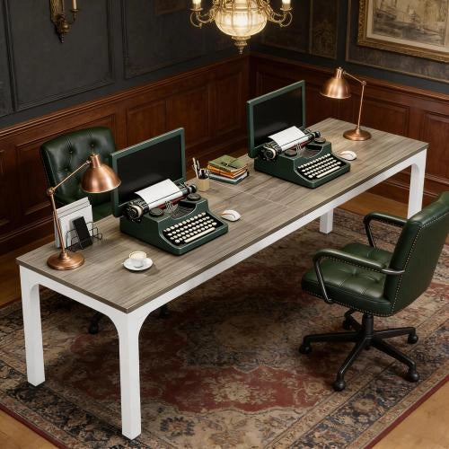 SCRIVANIA Computer per 2 Persone 200x70x75 cm Metallo e Legno Taupe/Bianco