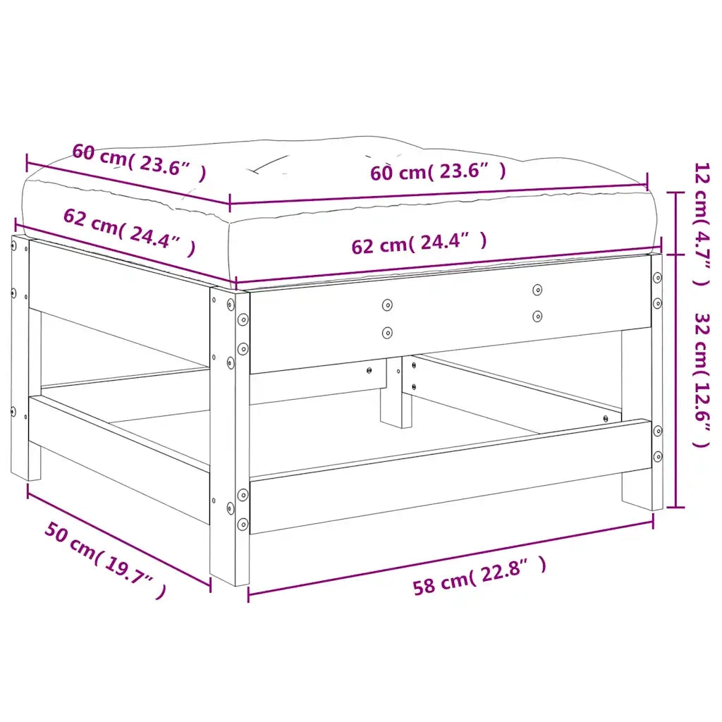 Poggiapiedi da Giardino con Cuscino Legno Massello di Pino Nero 825559
