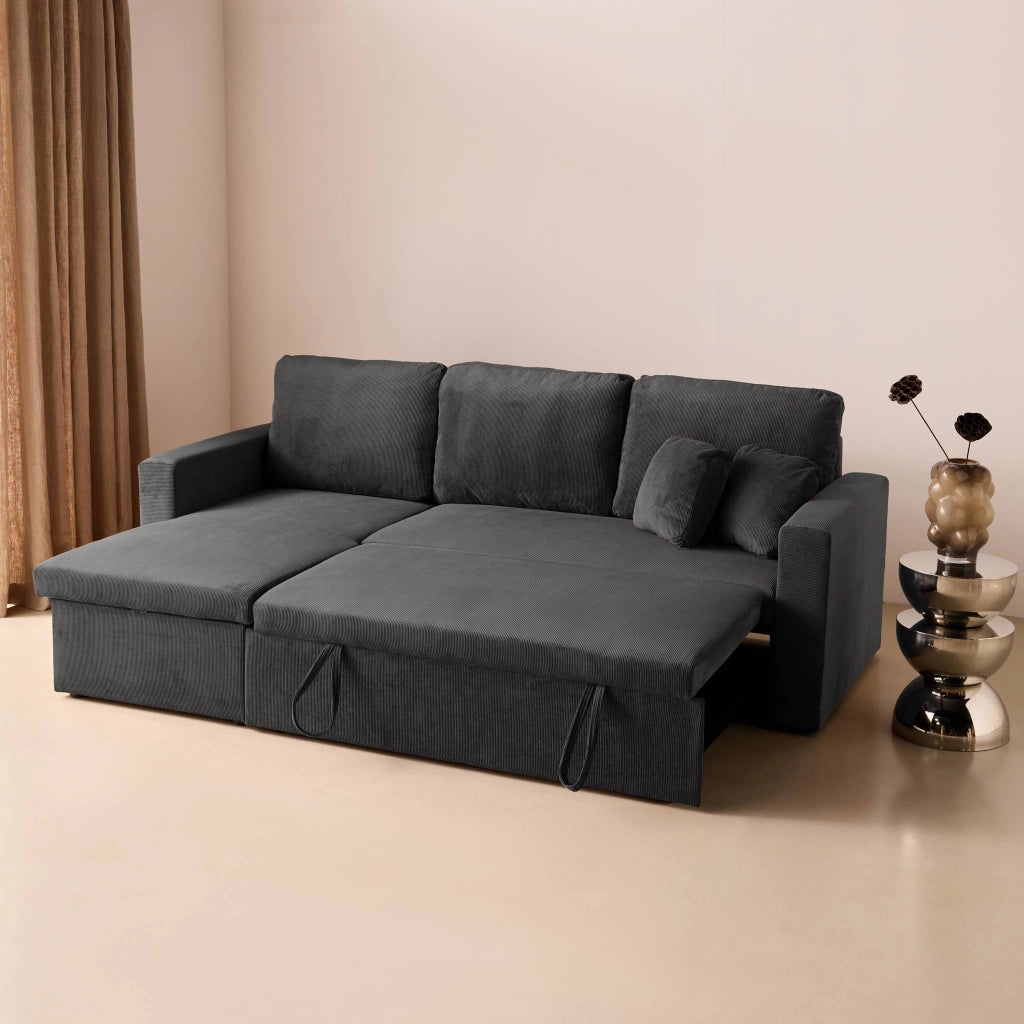 Divano letto angolare reversibile in velluto a coste, 3 posti, grigio