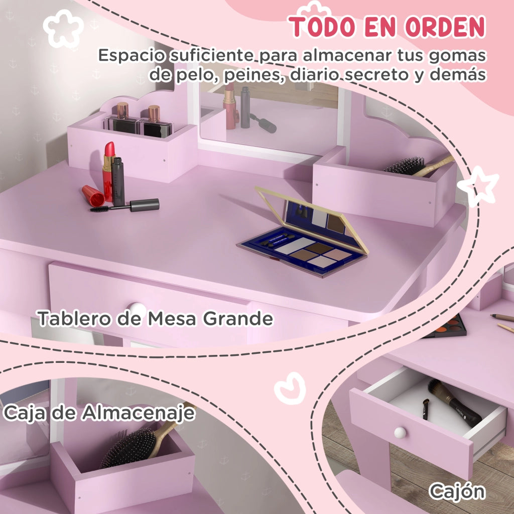 Toeletta Bambini con Specchio Sgabello Cassetto Forma Nuvola ¨C Xylo ¨C Rosa
