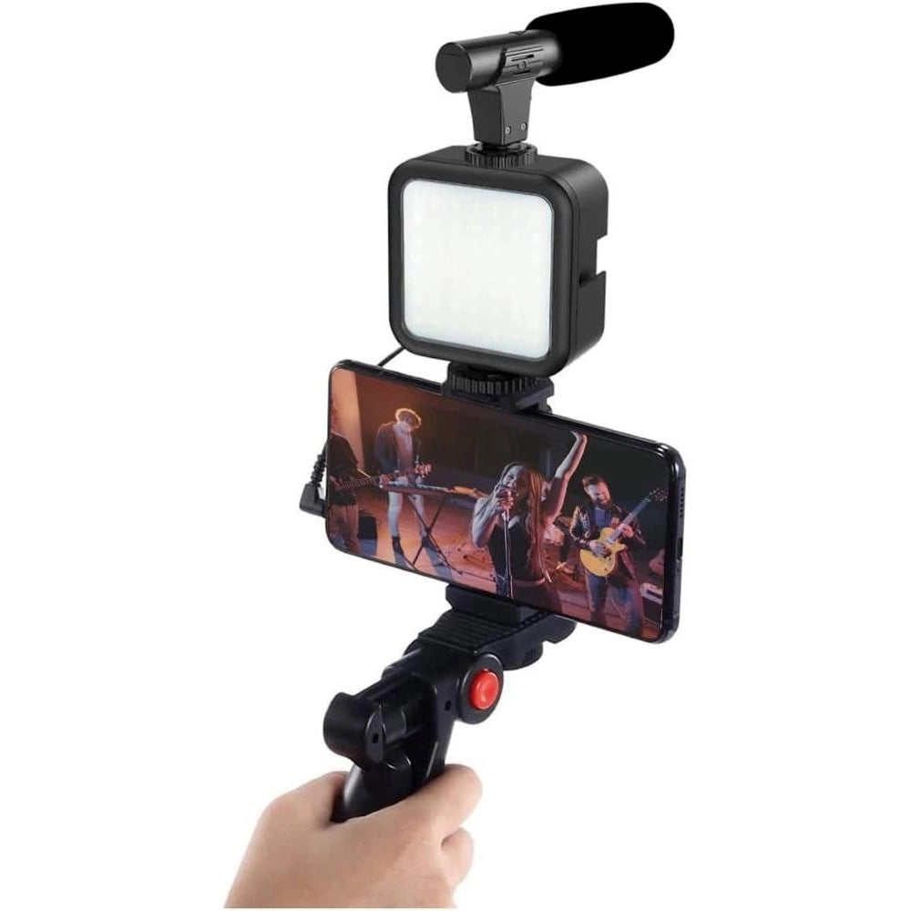 Trade Shop - Kit Vlogger Professionale 4in1 Universale Per Smartphone Con Microfono Luce Led -