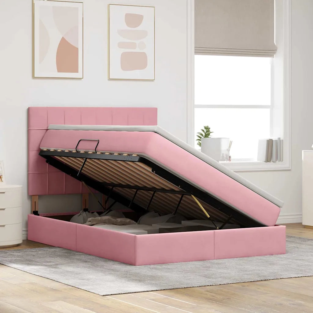 Letto con contenitore e LED con led Rosa 140 x 200 cm Velluto