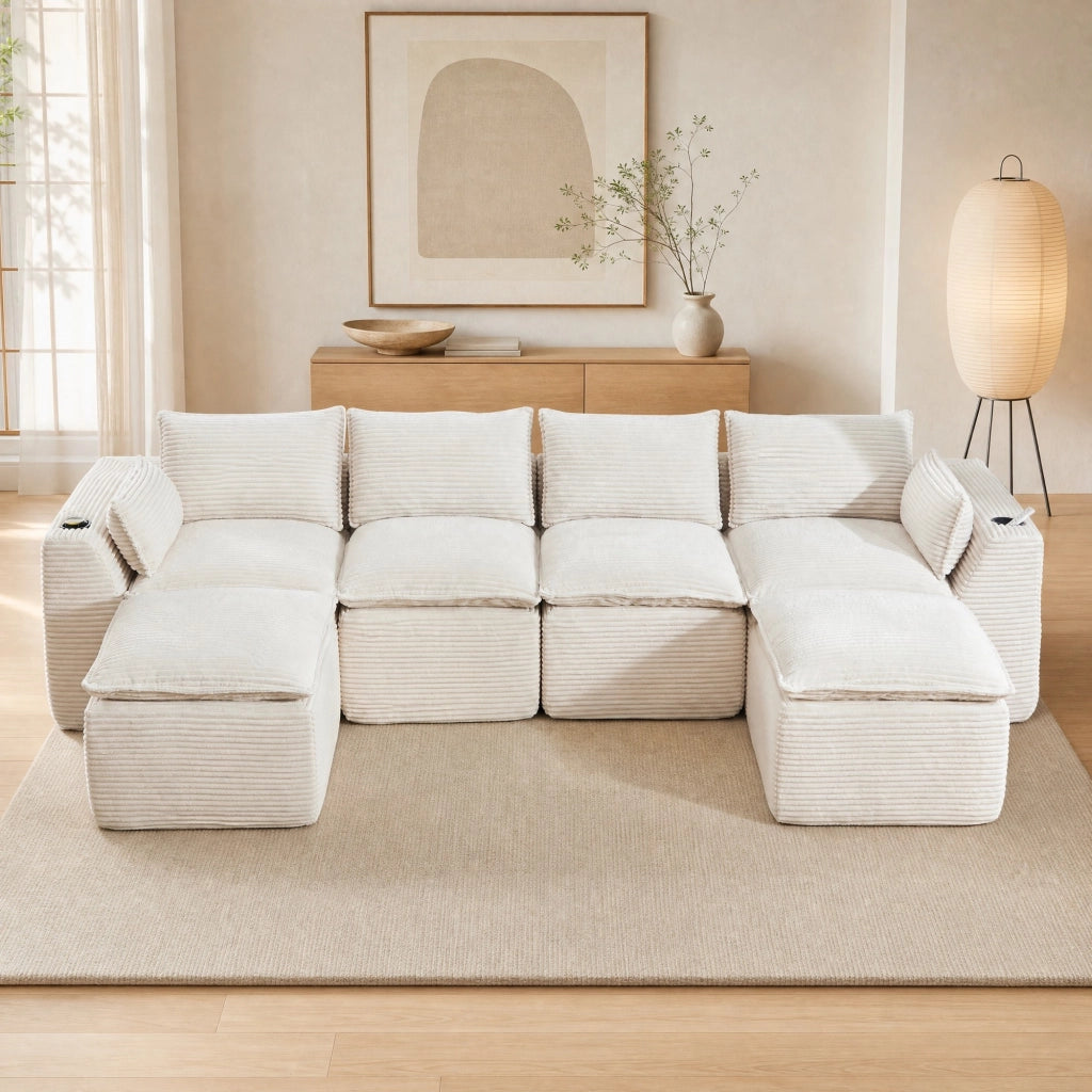 Divano modulare 4 posti con tasche laterali e cuscini struttura a molle e schiuma in velluto a coste beige