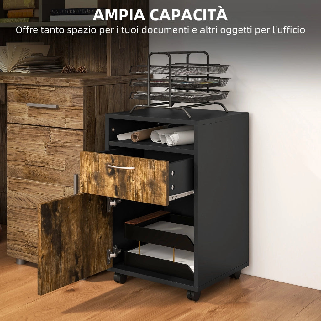 Cassettiera Portadocumenti da Ufficio Ripiano e 2 Cassetti 40x35x60 cm Marrone e Nero