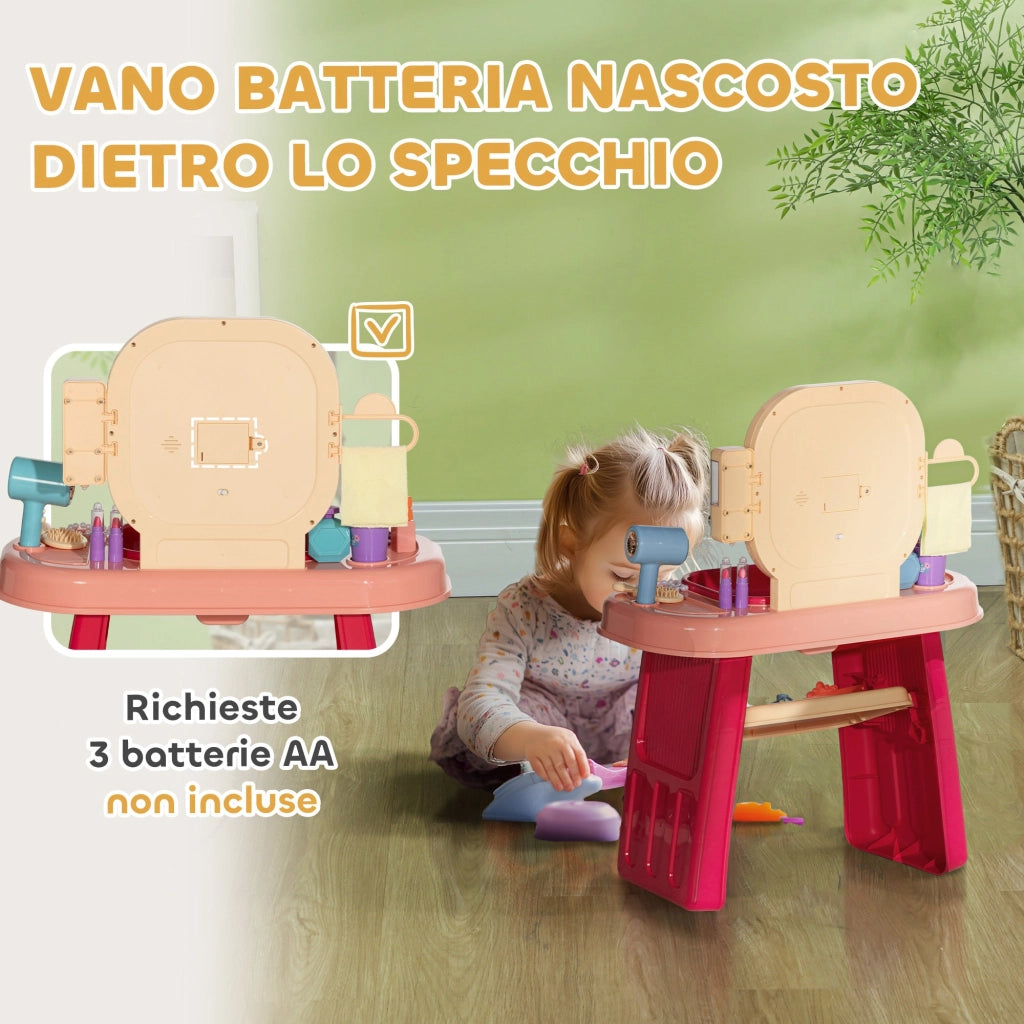 Specchiera Giocattolo per Bambini Tavolo Toeletta con Accessori e Rubinetto Rosa