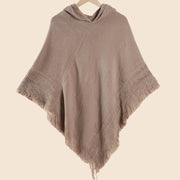 Mantella/scialle da donna con cappuccio in maglia, maglione a maglia larga, tinta unita, con nappe, mantella calda e versatile.