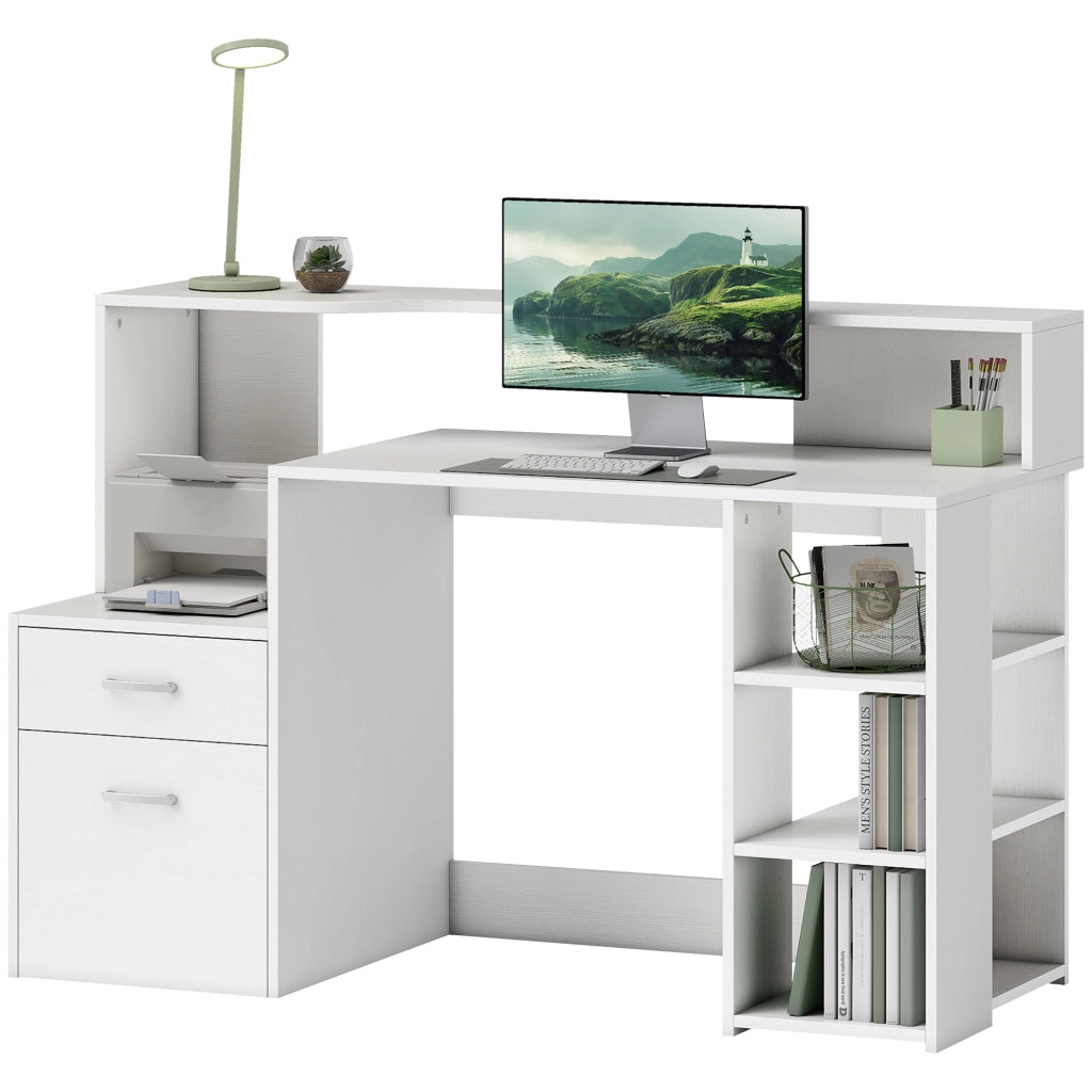 Scrivania per computer con cassetti e ripiani ¨C Xylo ¨C bianco 137x55x92cm