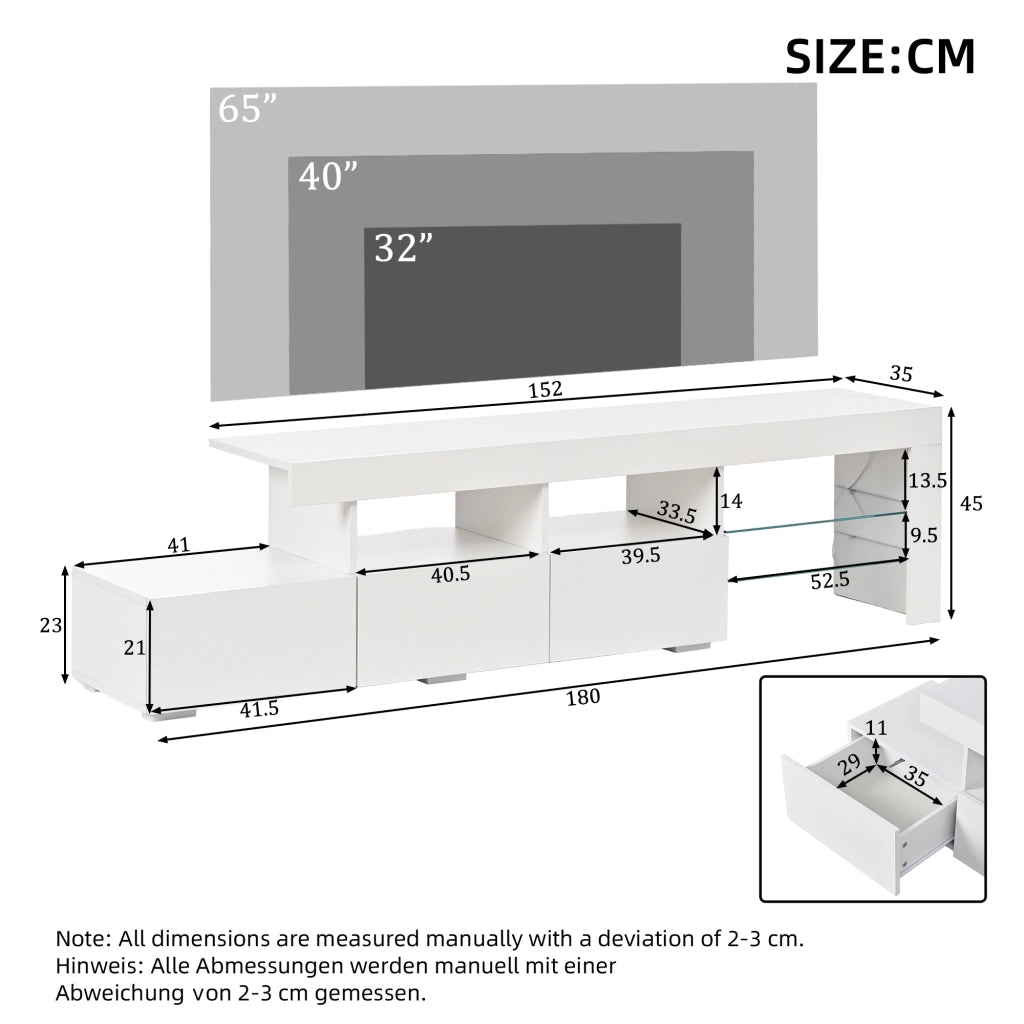 Cassettiera TV bianca lucida in MDF lunghezza 180 cm
