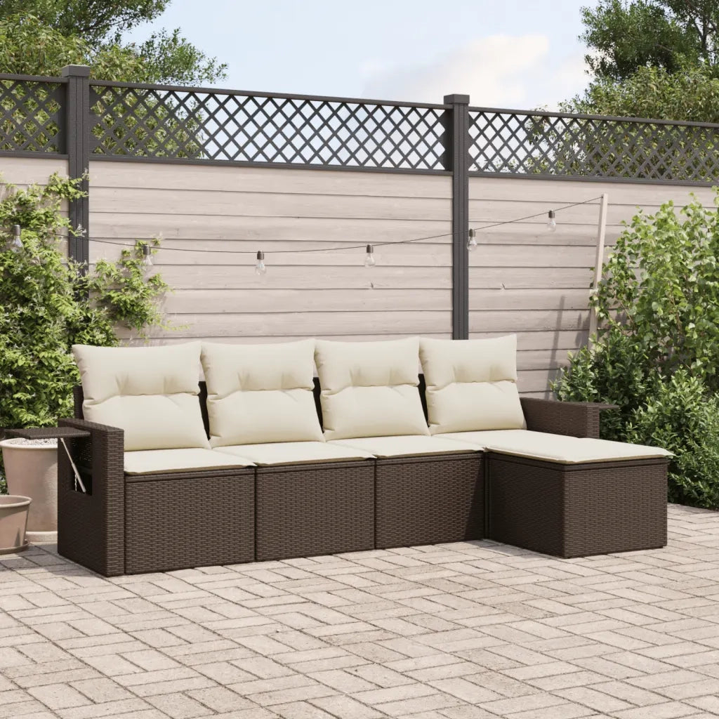 Set Divano da Giardino 5 pz | Set Salotto da Giardino con Cuscini Marrone in Polyrattan