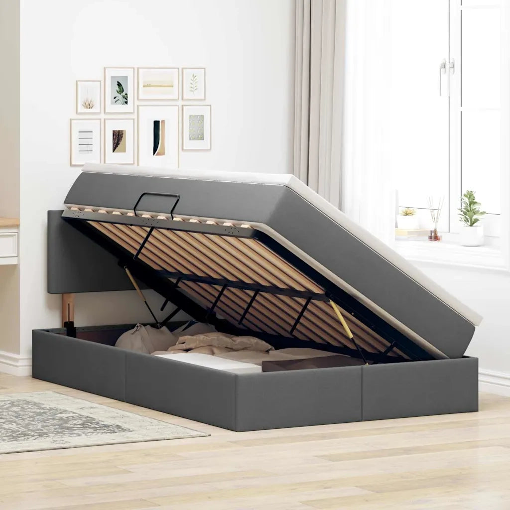 Letto con contenitore e LED Grigio scuro 120 x 200 cm Tessuto